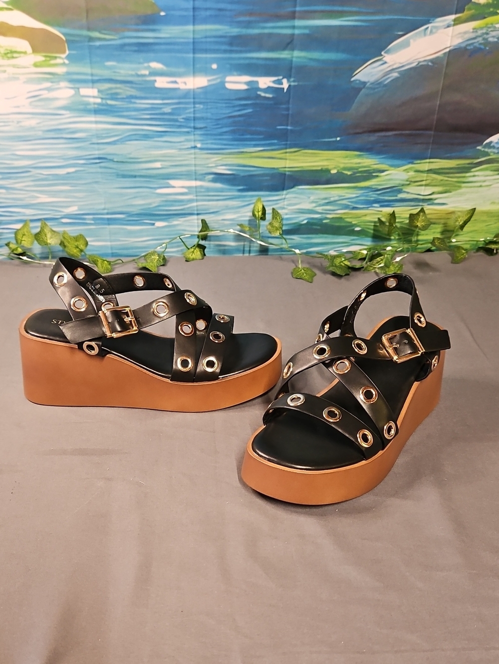 Styvella Black Eyelet Platform Sandals with Tan Wedge